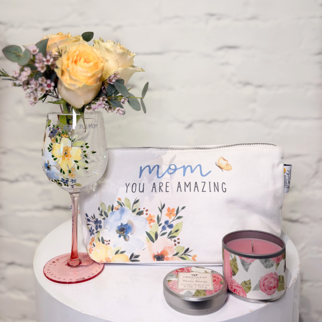 Mother’s Day gift set with flowers candle and pouch Leamington Ontario flower shop