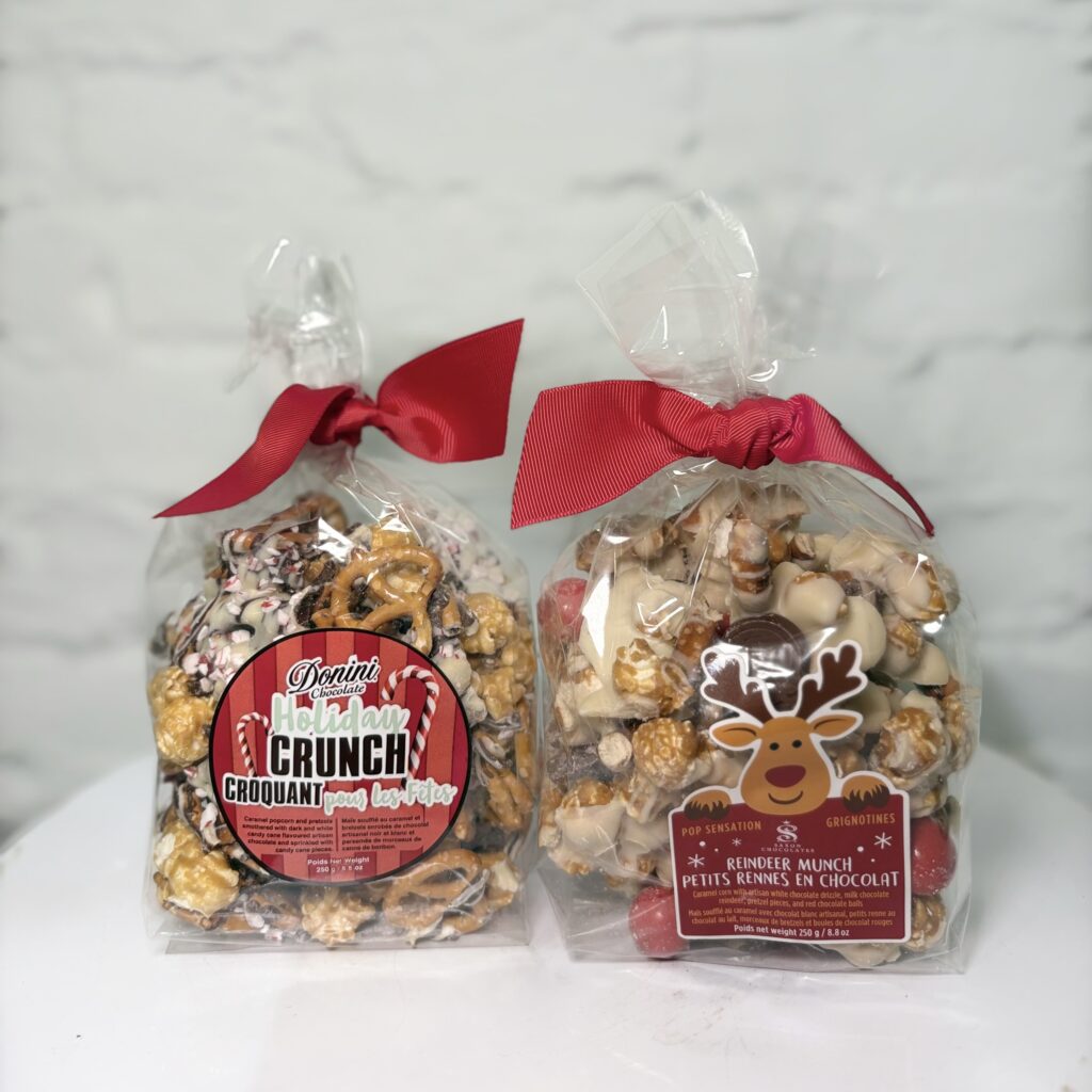 gourmet popcorn treats offer the perfect sweet-and-salty mix with caramel popcorn, pretzels, drizzled with chocolate 