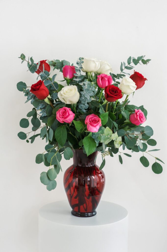 Classic Love red, pink, white roses and lush greens for Valentine's Day delivery in Leamington