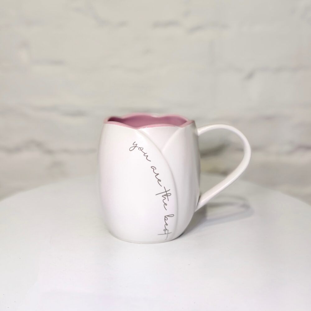 White mug with pink interior and “you are the best” message for Mother’s Day