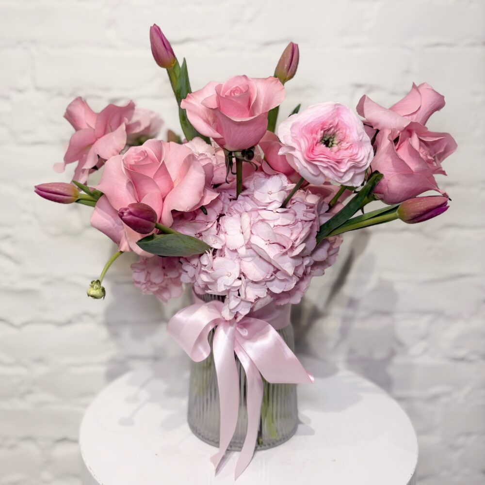 pink hydrangeas, pink roses, ranunculus, tulips for mother's day