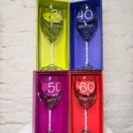milestone wine glasses for age 30, 40, 50 and 60 birthday celebrations