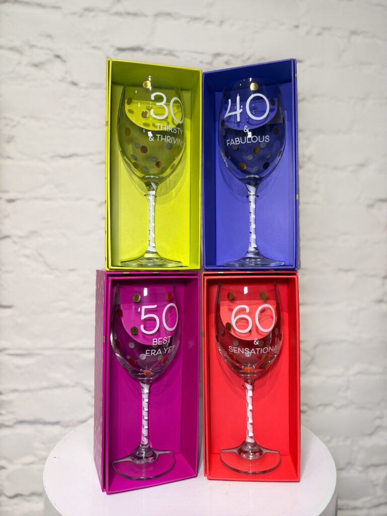 milestone wine glasses for age 30, 40, 50 and 60 birthday celebrations