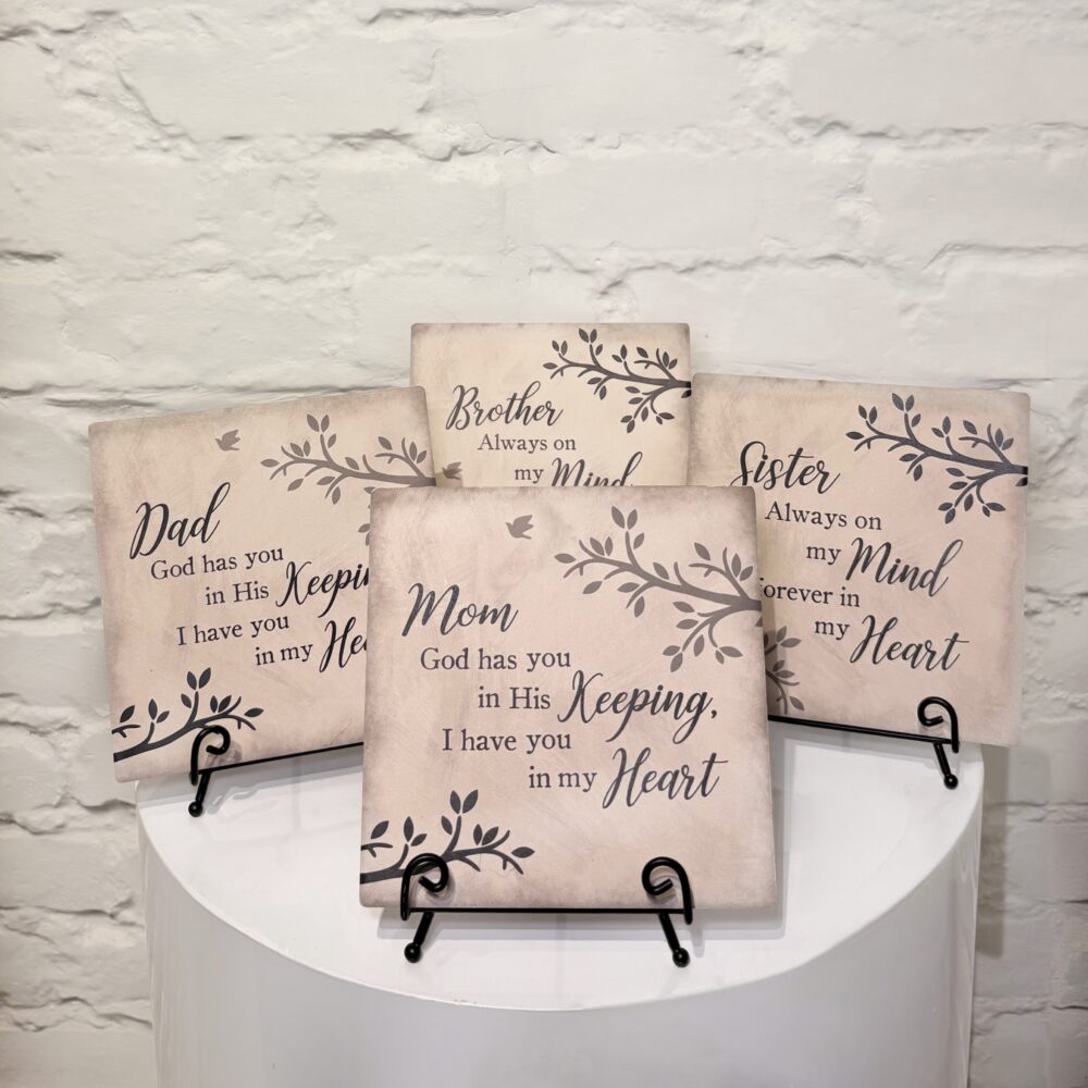 Sympathy remembrance plaques for Mom, Dad, Sister and Brother with memorial messages
