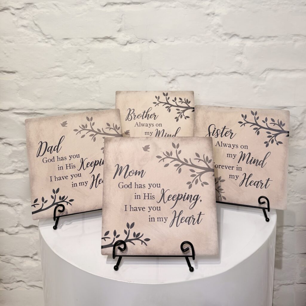 Sympathy remembrance plaques for Mom, Dad, Sister and Brother with memorial messages